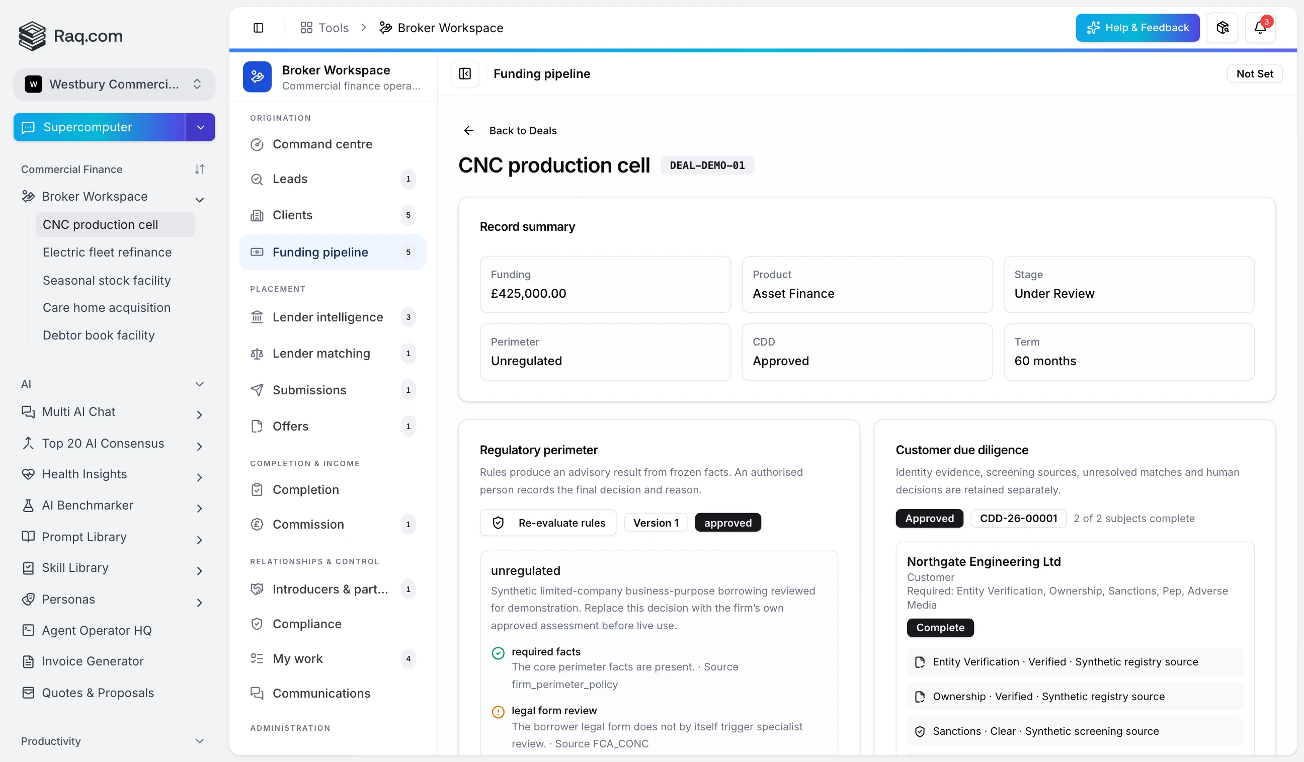 Commercial finance deal workspace showing the client, requirement, perimeter, CDD, matching and submission history