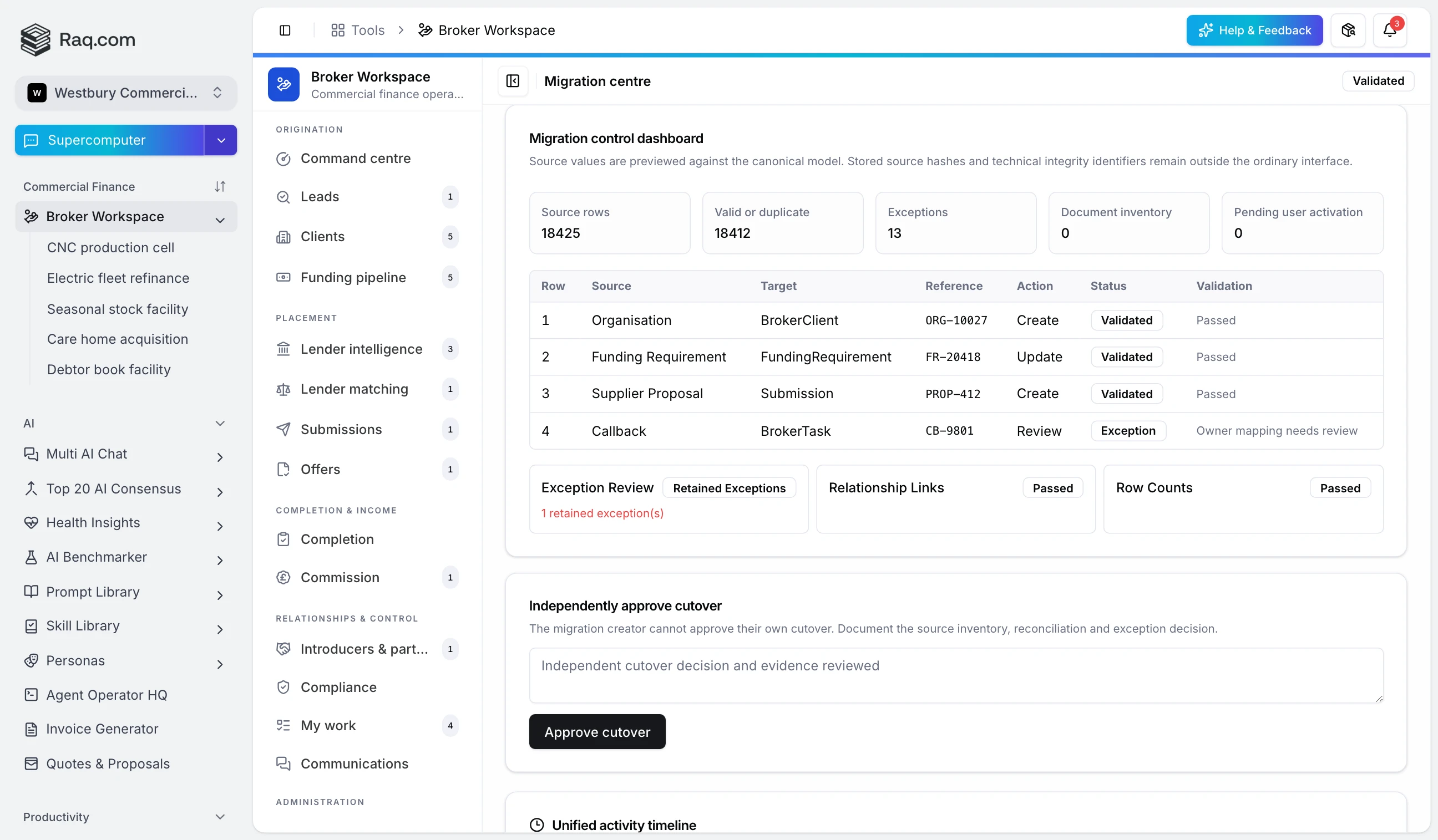 Legacy broker system migration centre showing field mappings, source totals, valid records and exceptions before cutover